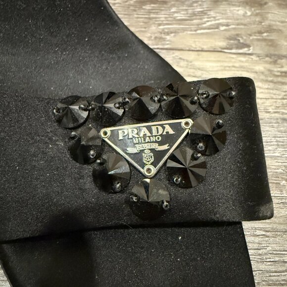 Prada Black Strappy Satin Logo Heels - Picture 4 of 7